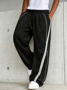 Krometka Men's High Street American Style Side Double White Stripe Print Wide Leg Sweatpants, Elastic Drawstring Waist Loose Street Casual Pants - Black - View 3