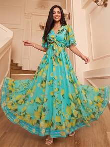 Elegant Women's Lake Green Lemon Print V-Neck Twist Knot, Ruffle Short Sleeve Long Dress, Suitable For Summer Wear - Green - View 5