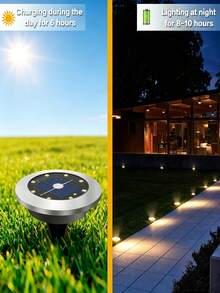VOLACI 1/4/8/12pcs Mini 8LED Solar Ground Lights, Waterproof Stainless Steel Outdoor Solar Landscape Lights, Suitable For Garden Paths And Driveways, Solar Powered Lighting Fixtures, No External Power Required - In-ground Light - View 2
