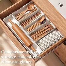 1pc Expandable Cutlery Tray, Adjustable Utensil Organizer, Plastic Kitchen Drawer Storage Box, Multi-Compartment Design, Spoon Fork Knife Holder, Also Suitable For Cosmetics Stationery Bathroom, White - Multicolor - View 6
