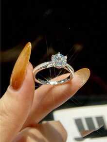 1pc Moissanite Ring Minimalist 1CT Six Claws Solitaire Ring Perfect For Women's Engagement And Daily Wear - Silver - View 3