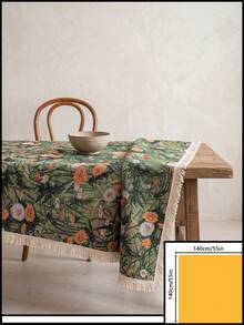 1pc Green Background Vintage Autumn Dandelion Jacquard Tablecloth, Natural Rustic Style Jacquard Fabric Square Beige Tassel Edge Detail Stain-Resistant Protective Desktop Functional Home Dining Table Cloth Suitable For Daily Home Use And Natural Table Setting Scenes - Green - View 16