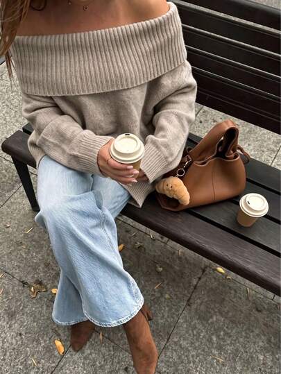 HoloChill Women's Young Influencer Casual Style Comfortable Cold Shoulder Knit Pullover, Long Sleeve Ribbed Sweater, Turn Collar Top Winter Casual 2026 New Arrival, Fall/Winter Top, Women's Autumn/Winter Clothing, Women's Outing Outfit Top, Fall/Winter Clothing Back To School Season Halloween Fall/Winter Luxury Christmas