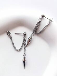 1 Pair Men's Full Stainless Steel Bullet Head Pendant Front & Back Style Chain Stud Earrings, Hypoallergenic Punk Style - Silver - View 6