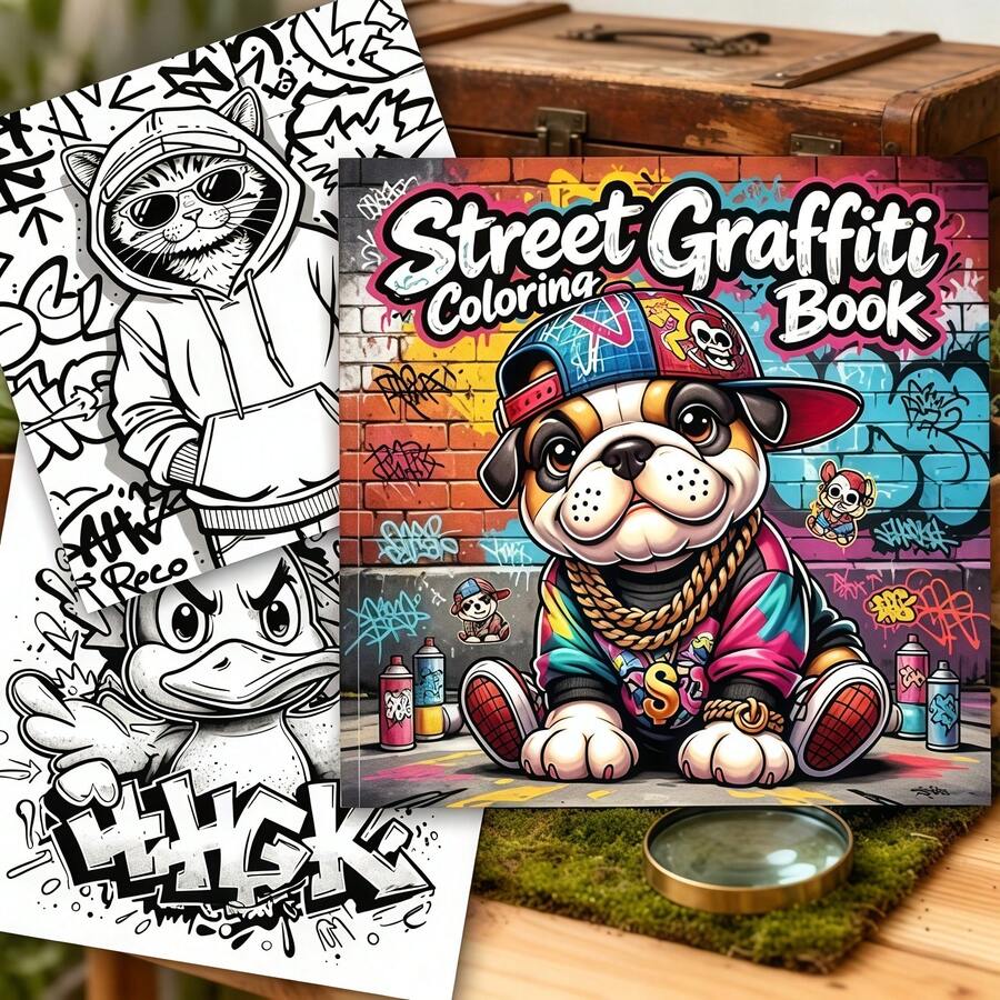 1pc Street Graffiti Funny Cartoon Bulldog Pattern Coloring Book, Suitable For Relaxation And Stress Relief, Perfect Gift For Birthday, Party, Christmas And Other Holidays