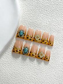 秋季 10片裝 野豹豹紋風格手工穿戴甲 Polygel 凝膠美甲套組 四葉草棕色指甲 文藝辣妹風 3種尺寸可選 杏仁甲 鴨嘴甲 棺材甲 適合派對、跳舞、日常配戴（手工細節可能有所不同） - 彩色 - 查看 14