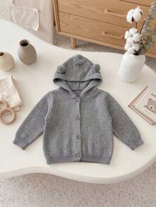 Cardigan Rajut Berkerudung Unisex Warna Abu-abu Bayi dengan Pom Pom 3D, Penutup Kancing Depan, Ujung dan Manset Bergaris, Sweater Kartun Kasual Musim Semi/Gugur - Grey - View 2