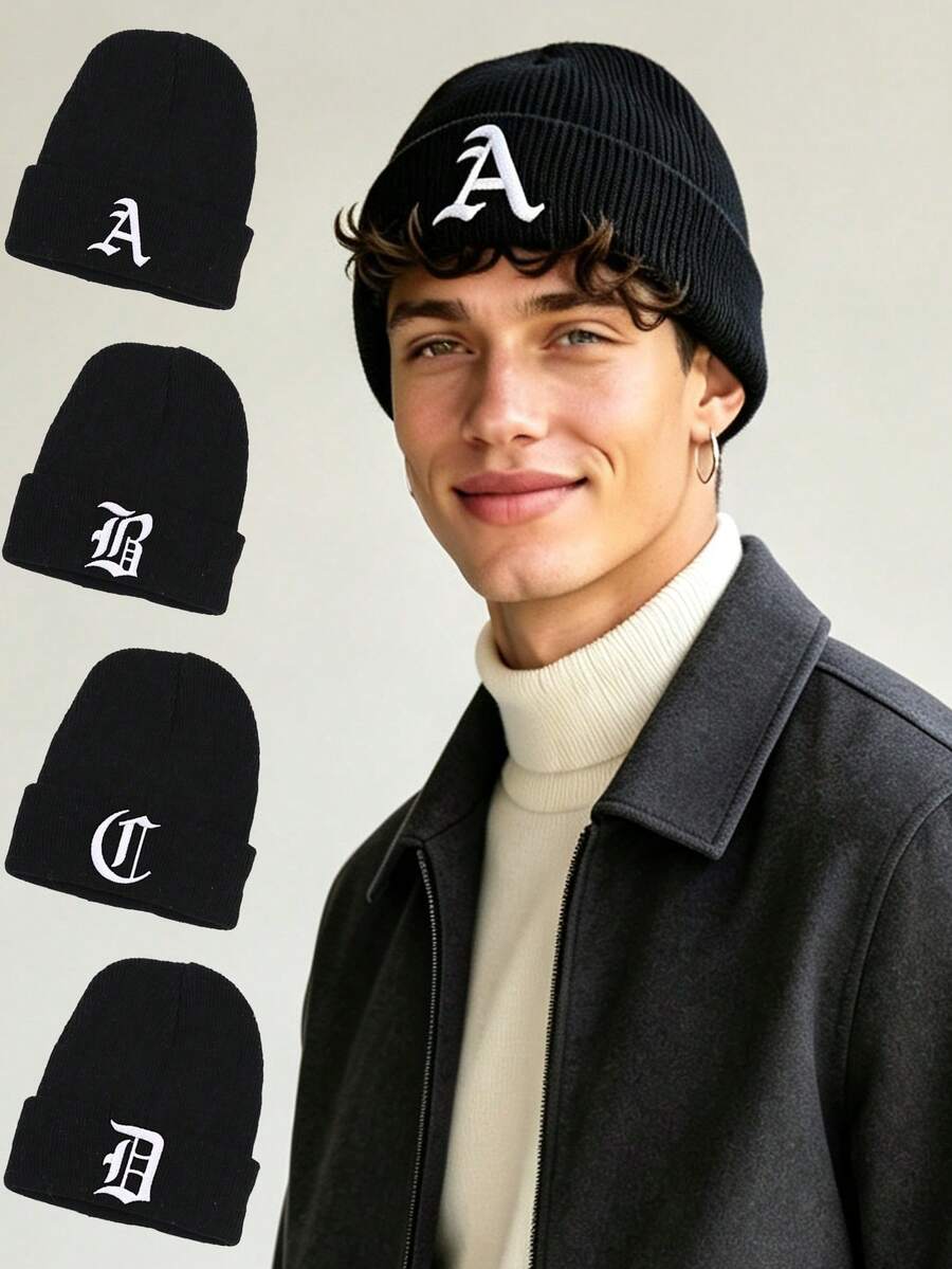 1Pc Women A‑Z Gothic Letter Cuffed Ribbed Knit Beanie, Personalized Warm Winter Knitted Hat For Gentlemen Daily Casual Wear - Black - View 1