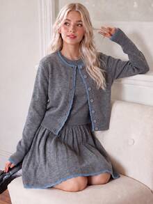 Bộ 2 món váy và áo khoác cardigan nữ mùa thu/đông, phong cách thường ngày thanh lịch, thiết kế viền phối màu tương phản, thời trang mặc hàng ngày - Xám - Xem 1
