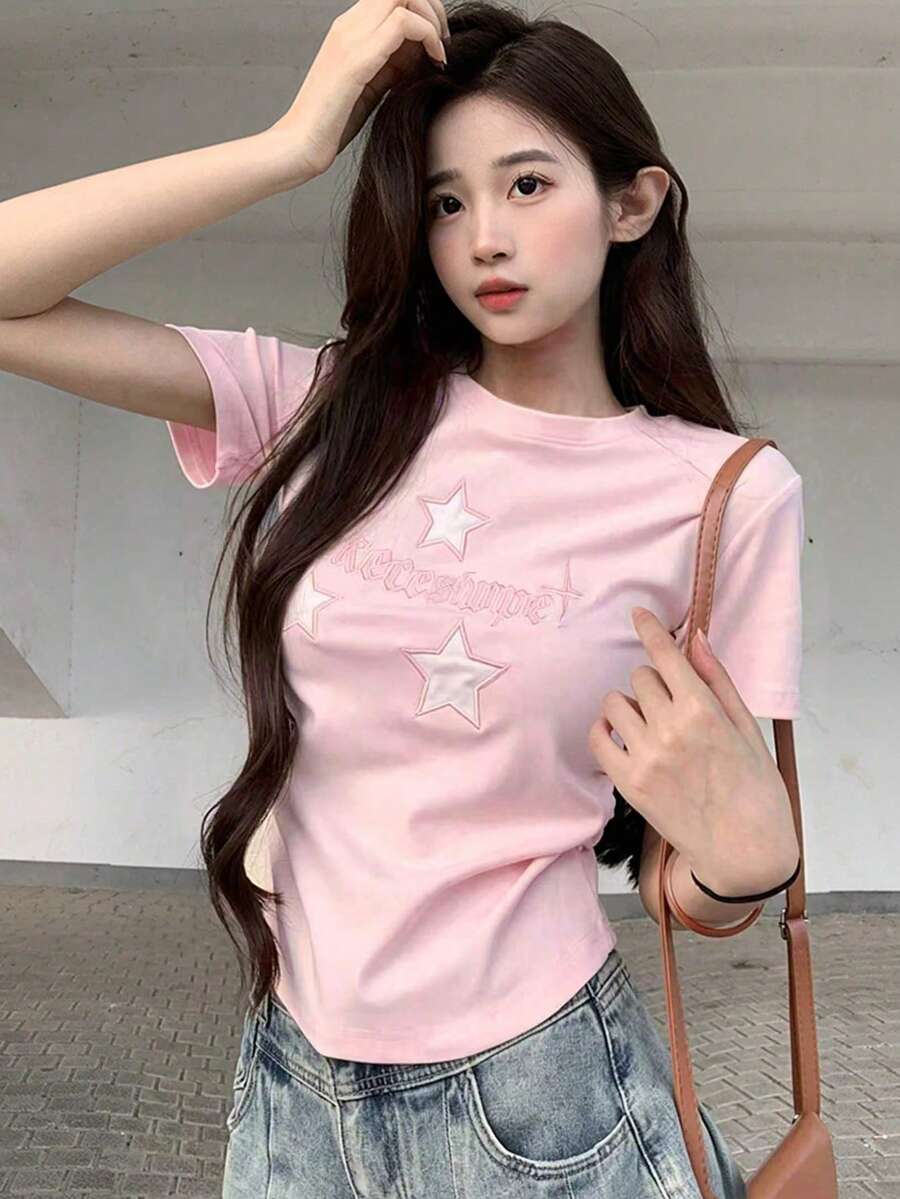 Atasan Raglan Slim Fit Leher Bulat Bordir untuk Wanita Warna Pink Kasual, Musim Panas Vintage - Berwarna merah muda - View 1