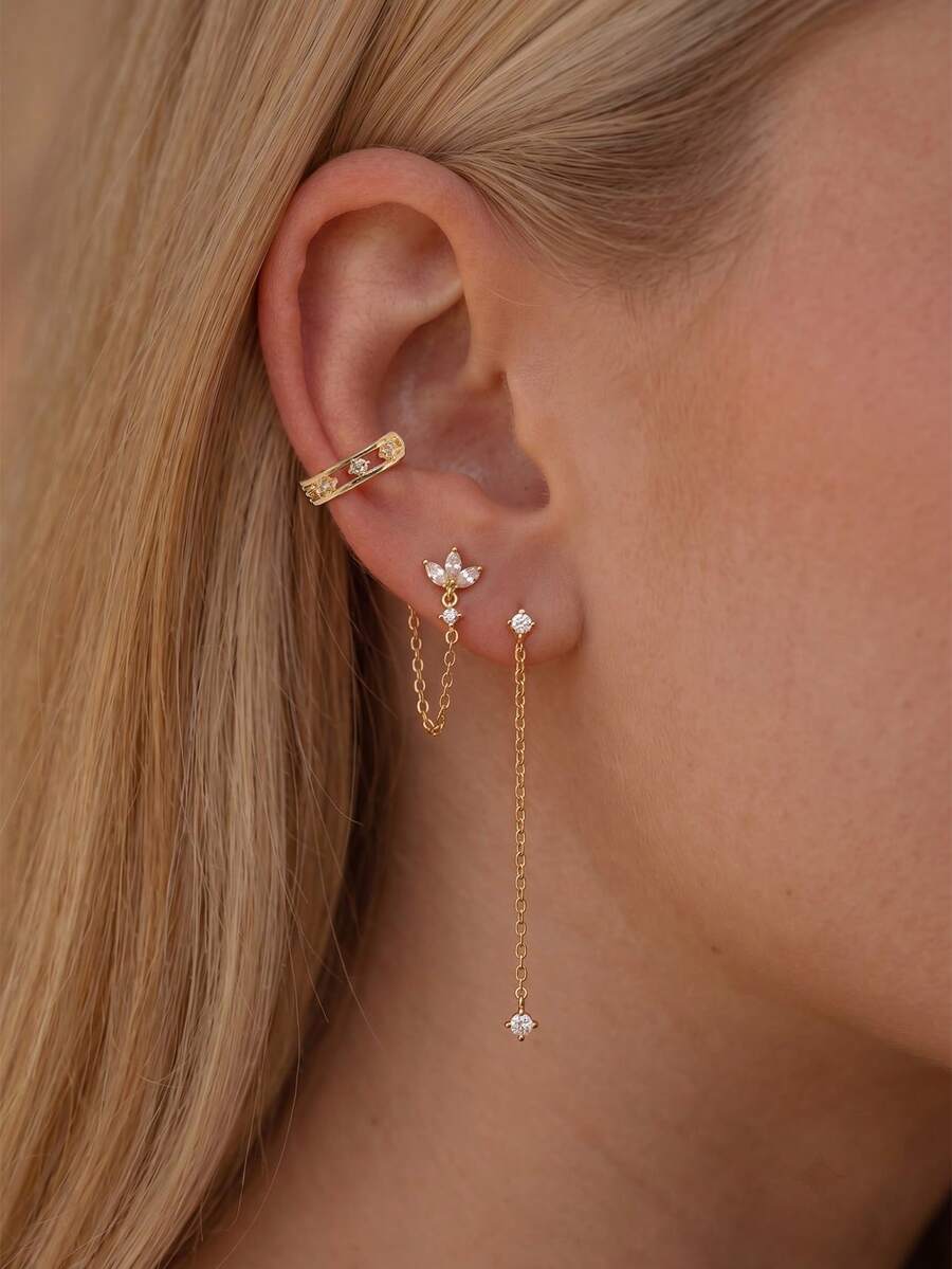 Nooxian 1 Set Gold Rhinestone Earrings 3pcs Set Hollow Ear Clip + Flower Chain Drop Earrings + Long Tassel Zirconia Earrings Multi-Piercing Layering Set - Yellow Gold - View 1