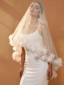 Double-Layer 3D Floral Tulle Mid-Length Bridal Veil Featuring Large Handmade Flower Embellishments-Perfect For Weddings And Photoshoots. - Multicolor - View 3