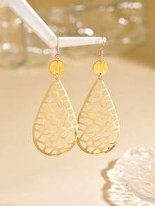 1 Pair Gold Hollow Teardrop Dangle Earrings Bohemian Style Exaggerated Atmosphere Ear Jewelry Suitable For Women Dating Beach Vacation Daily Wear - Gold - View 2