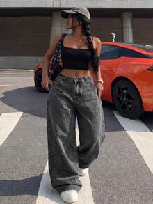 Women's Plus Size Washed Black Denim Boyfriend Style Long Pants, Non-Stretch Fabric, Zipper Closure, Y2K Grunge Style - Grey - View 2