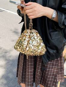 時尚新款亮片鏈條女款小方包 多功能單肩包 餃子造型零錢包 - 金色 - 查看 3