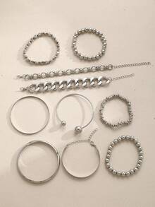 5/10pcs Fashion Minimalist Exaggerated Old Money Style Layered Vintage Design Chunky Chain & Beaded Bracelet Set For Women, Suitable For Vacation, Date, Party, Ball, Banquet, Holiday, Birthday Gift, Daily Wear - Silver - View 9
