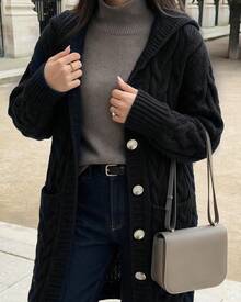 女款休閒秋冬大鈕扣粗針織開襟針織外套，長袖連帽夾克，寬鬆開襟毛衣套裝 - 黑色 - 查看 4