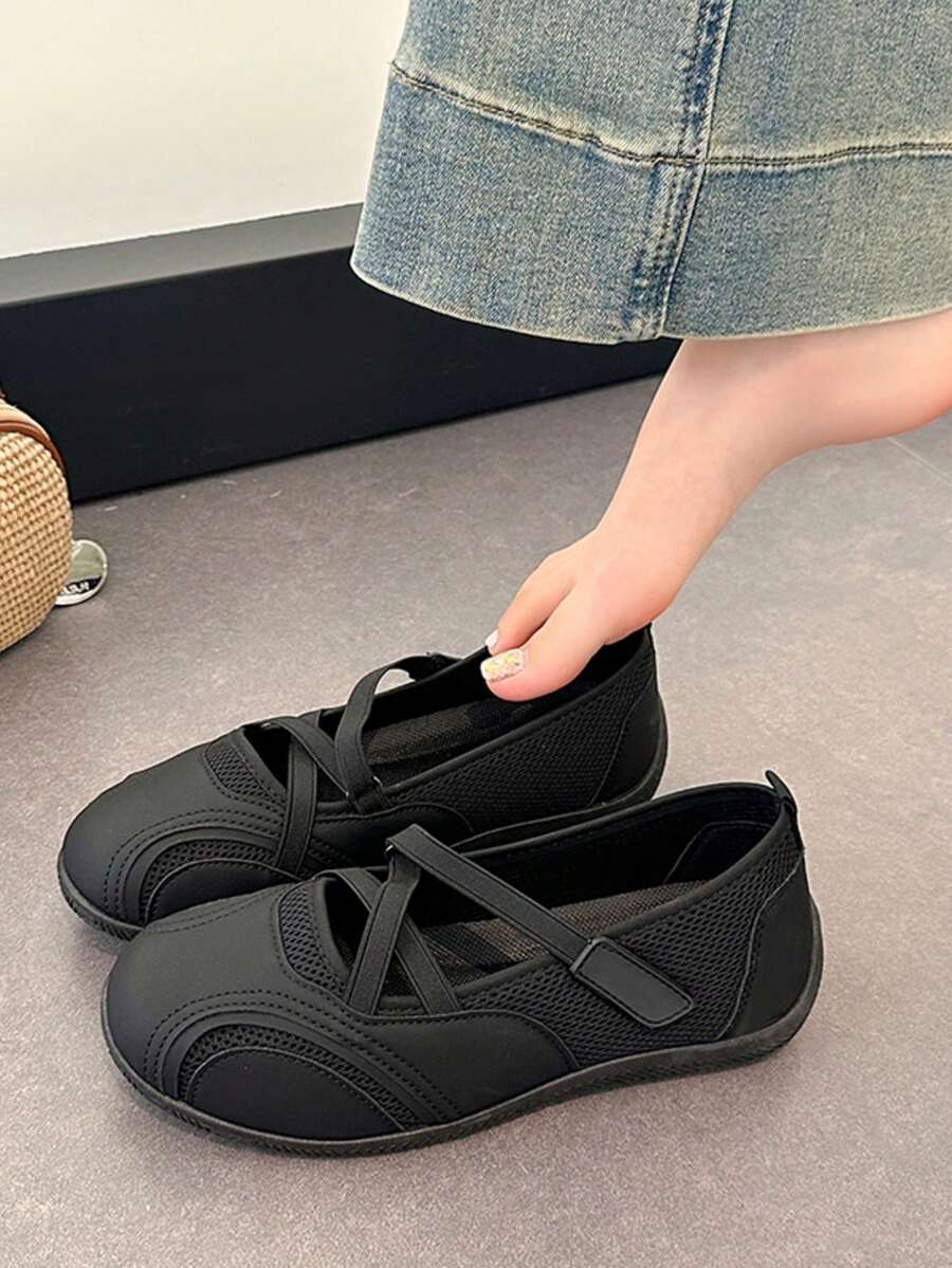 Women's Round Toe Mesh Ballet Flats, Cross Strap Design, Casual Fashion Daily Outdoor Vacation Slip-On Flat Shoes - Black - View 1