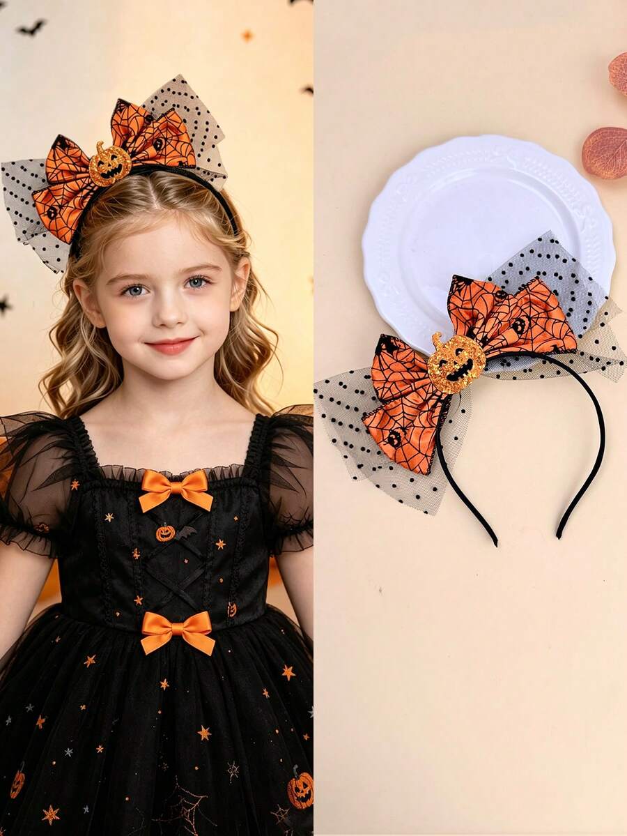 1pc Girls Halloween Pumpkin Spider Web 3D Bow Headband, Cute Atmosphere Party Stage Cosplay Photo Shoot Hair Accessory - Multicolor - View 1