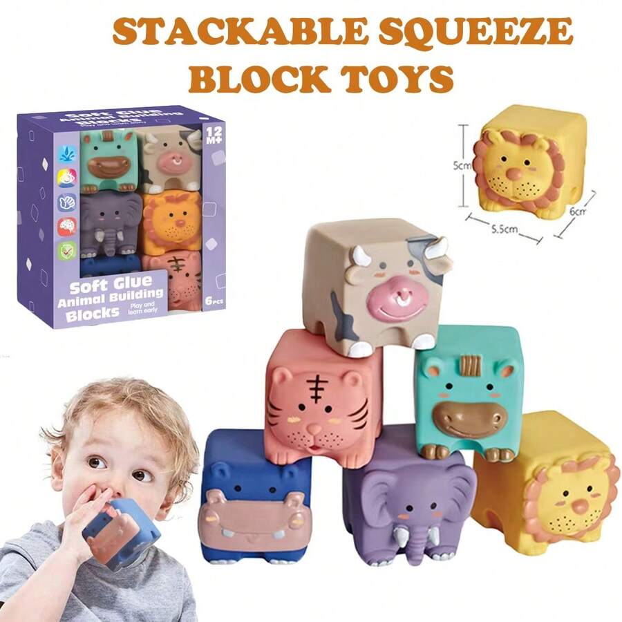 Baby Building Blocks, 6pcs Soft Squeezable Stacking Blocks Toy, Suitable For Babies 6 Months+, Animal Shapes, Textured Educational Chewing Teething Puzzle Blocks Set - Multicolor - View 1