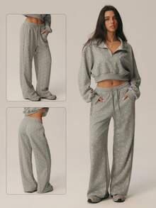 Women's Polka Dot Wide Leg Sweatpants, Elastic Drawstring Waist, Side Pockets, Casual Jogging Pants - Light Grey - View 6