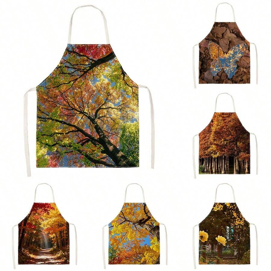 1pc Autumn Red Maple Forest Path Print Apron - Sleeveless Design, Durable & Comfortable Fit, Golden Red Maple Leaf Forest Road With Sunlight Piercing Through Trees Pattern, Suitable For Cooking, Baking And Home Cleaning, Household Cleaning, Housework Apron, Hand-Painted Handmade Gardening Apron, Atmospheric Autumn Harvest Festival Gift - Multicolor - View 1