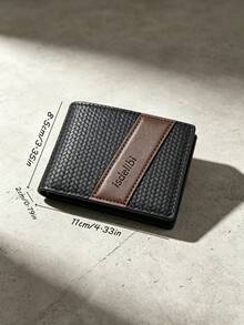 1pc Woven Contrast Color Short Bifold Wallet, Multi-Card Slot Large Capacity PU Leather Card Holder, Business Casual Portable Card Case, Birthday Gift, Father's Day Gift - Black - View 2