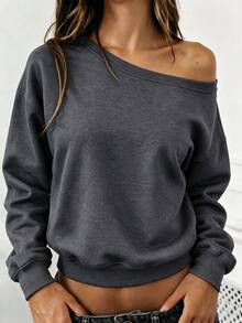 Women's Casual Dark Gray Off-Shoulder Loose-Fitting Sweatshirt With Adjustable Neckline, Allowing For Both Off-Shoulder And Concealed Shoulder Options. Simple, Stylish, Casual, And Versatile Y2K Style, Vintage, Streetwear, Suitable For Daily Commutes, Dates, Parties, Autumn/Winter, Christmas, New Year's, Thanksgiving, Parties, Weddings, Elegant, Casual, And Outings. Women's Autumn Long-Sleeved Top, Women's Autumn Clothing, Women's Autumn Outfits. - Dark Grey - View 1
