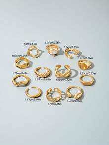 imoli 12pcs/Set Vintage INS Baroque Faux Pearl Stackable Asymmetrical Geometric Line Metal Ring Set, Knuckle Rings, Multi-Layer Finger Rings, Suitable For Women's Daily Wear, Party Jewelry Gift - 29459-ring-g-eP - View 6