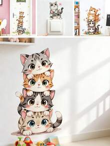 1pc Baby Cat Stacked Cartoon Wall Sticker, PVC Removable Decal, Suitable For Door Switch Wall Decoration, Cute Kids Room Decor, Cartoon Wall Sticker, Nursery - Multicolor - View 1
