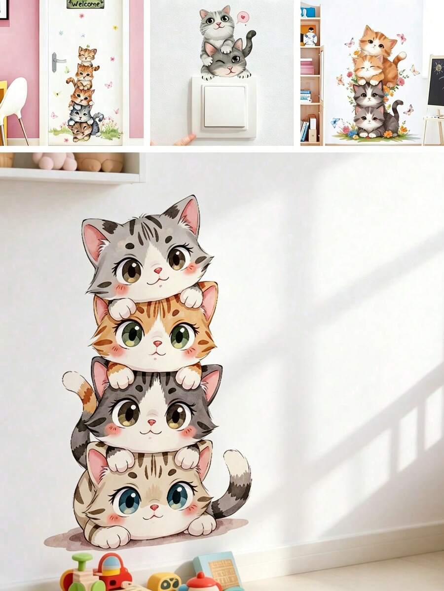 1pc Baby Cat Stacked Cartoon Wall Sticker, PVC Removable Decal, Suitable For Door Switch Wall Decoration, Cute Kids Room Decor, Cartoon Wall Sticker, Nursery - Multicolor - View 1