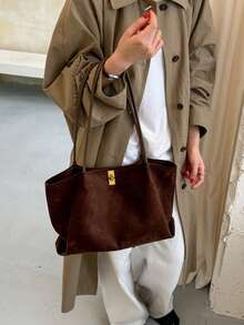 1pc Deep Coffee Color Mother-Daughter Bag Metal Lock Large Capacity Shoulder Bag Lock Closure Minimalist Retro Tote Bag Autumn Winter Office Commute Women's Handbag - A - View 5