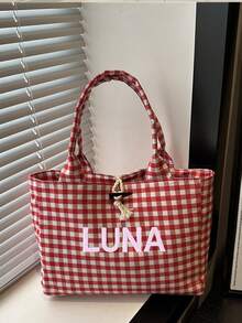 個性化刺繡訂製韓式復古藝術感托特包，丹寧大容量手提包，新款時尚格紋大學生課堂單肩通勤包 - 彩色 - 查看 3