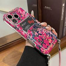 Vintage Pink Leopard Print & Ditsy Floral Pattern Electroplated Card Holder Lanyard Phone Case, Full Camera Coverage, Compatible With 13/14/15/16/17 Series Pro/Pro Max, Anti-Drop Anti-Fingerprint Protective Shell - Multicolor - View 2