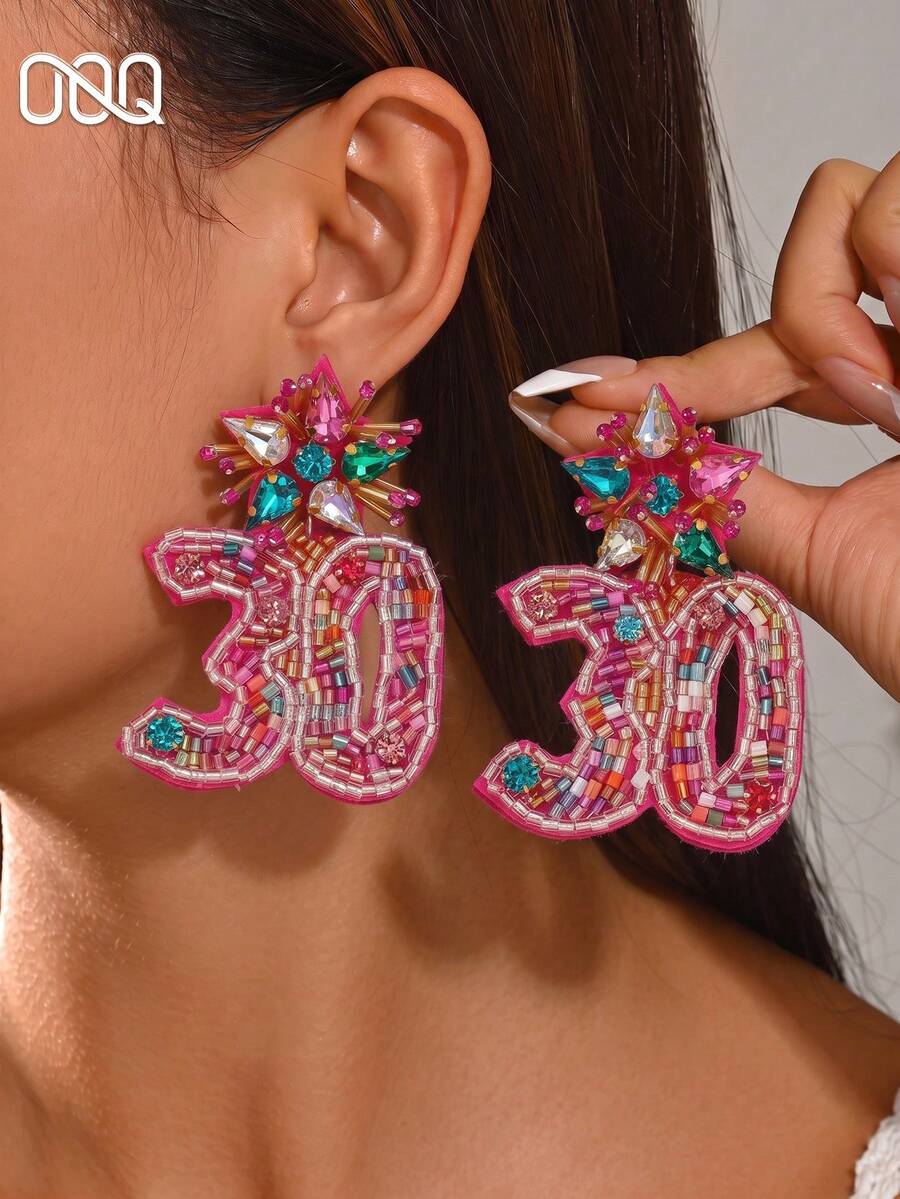 OOQ 1 Pair Fuchsia 3D Numeric Beaded Earrings, Exaggerated Elegant Design, Handmade Jewelry Suitable For Party, Holiday, Prom Wear (Handmade Beads Color, Quantity And Placement Are Random) - Color 30 - View 1