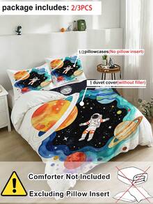2/3件組可愛水彩太空太空人星系行星印花兒童床上用品套裝，柔軟被套與枕套，適合男孩（單人/雙人/加大/特大尺寸） - 彩色 - 查看 8
