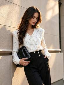 Fall Vintage White Polka Dot V Neck Tie Blouse, Elegant Lace Double Ruffle Bubble Long Sleeve Shirt For Fall Winter - Black and White - View 7