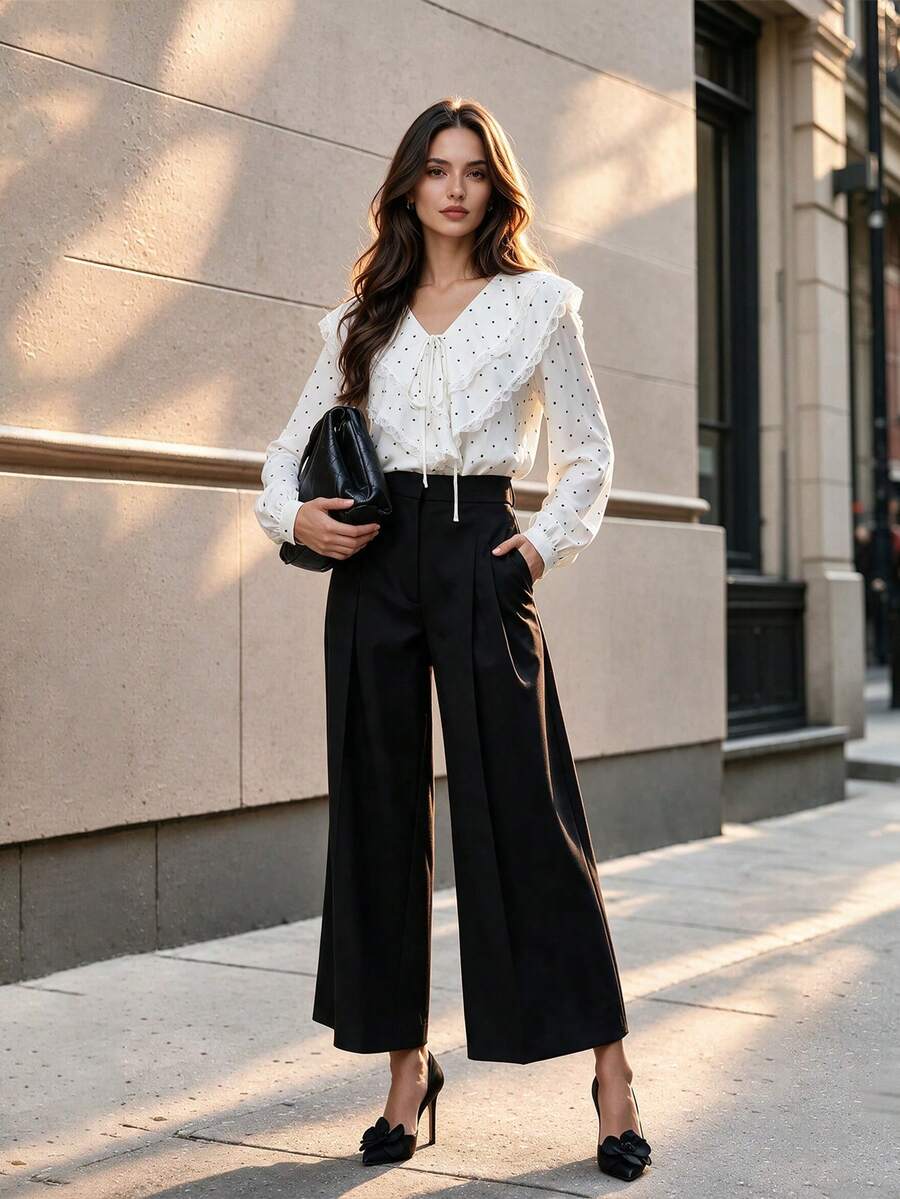 Fall Vintage White Polka Dot V Neck Tie Blouse, Elegant Lace Double Ruffle Bubble Long Sleeve Shirt For Fall Winter - Black and White - View 1