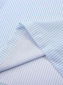 Men's Stand Collar Striped Long Sleeve Shirt, Loose Fit Versatile Half-Button Pullover Blouse, Spring/Autumn - Blue - View 8