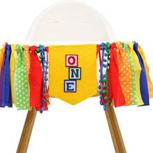 Colorful ONE 1st Birthday Fabric Banner, Building Block Theme Ribbon Tassel High Chair Banner, First Birthday Party Decorations Photo Prop - Style 1 - View 6