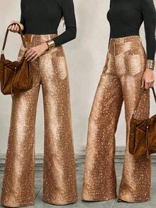 Women's Fashion Versatile Brown Gradient Deer Spot Polka Dot Wide Leg Pants, Distressed Washed Loose Drapey Floor Length - Brown - View 3