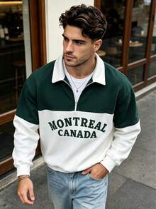 Men's Winter Solid Color Minimalist Casual College Sports Style Half-Zip Pullover Sweatshirt With Contrast Color Collar - Green - View 1