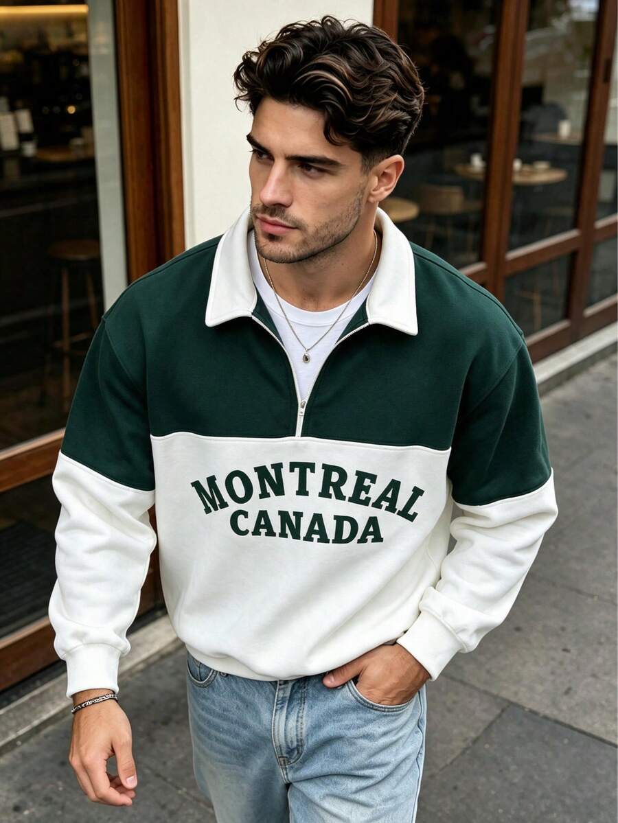 Men's Winter Solid Color Minimalist Casual College Sports Style Half-Zip Pullover Sweatshirt With Contrast Color Collar - Green - View 1