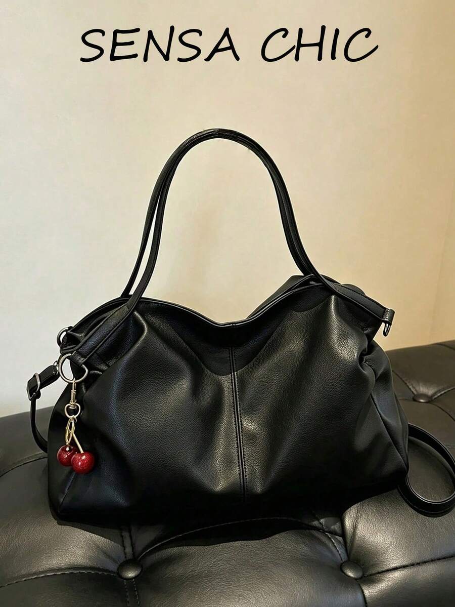 Tote Bag With Lychee Texture, Center Stitching Detail, Dual Long Handles And Adjustable Crossbody Strap, 2-In-1 Handheld And Shoulder Bag, Korean Slouchy, Large Capacity, Versatile For School And Shopping, Women's - Black - View 1
