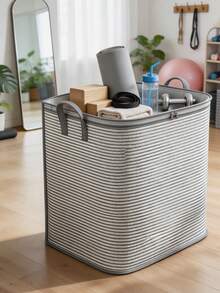 1PC Grey Striped Large‑Capacity Storage Bag With Zipper & Reinforced Handles, Fabric Closet Organizer For Comforters, Blankets, Seasonal Clothes, Space‑Saving Bin For Bedroom, Wardrobe, Dorm, Moving, Storage Room & Balcony - Multicolor - View 1