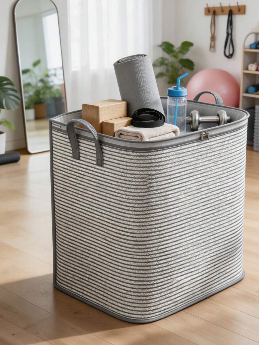 1PC Grey Striped Large‑Capacity Storage Bag With Zipper & Reinforced Handles, Fabric Closet Organizer For Comforters, Blankets, Seasonal Clothes, Space‑Saving Bin For Bedroom, Wardrobe, Dorm, Moving, Storage Room & Balcony - Multicolor - View 1