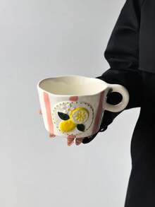 1pc Colorful Striped Lemon Ceramic Coffee Mug, Highly Attractive Classic Striped Design With 3D Lemon Pattern, Cute, Creative, Personalized Breakfast Cup, Tea Cup, Ideal Choice For Coffee - Perfect Birthday And Holiday Gift - Multicolor - View 3