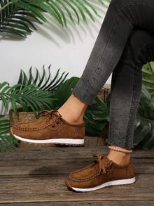 Khaki Suede‑Effect Lace‑Up Casual Shoes, Fine Contrast Edge Stitching, Simple Thick‑Sole Women Moccasins For Outdoor Wear - Brown - View 8