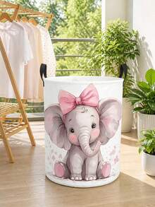 [Cute Elephant Basket] Cute Elephant Laundry Basket,Foldable Round Organizer Box With Sturdy Handle | Pink Bow & Butterfly, Soft Pastel Cartoon Design, Durable Storage Bin For Playroom, Spring Cleaning, Lightweight,For Room ,Bathroom - Multicolor - View 5