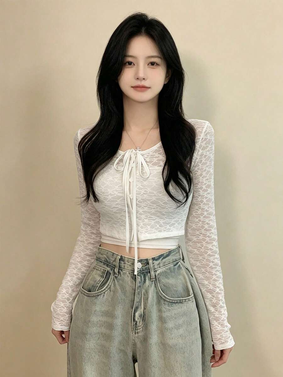 YCYC Kardigan Lengan Panjang Bertekstur Longgar Bergaya Korea Model Baru dengan Tali Pengikat untuk Wanita, Warna Putih untuk Musim Gugur - Putih - View 1